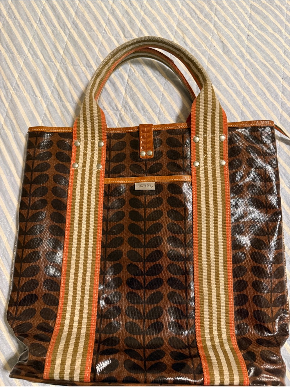 Orla Kiely Brown and Orange Leaf-Print coated Canvas Tote with Striped Handles